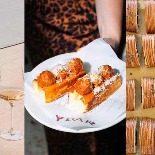 A triptych of restaurant photos, from left: a light woo bar holds a tiny vase with two flowers, an open bottle of wine and a glass of wine; a person wearing leopard print holds a plate with two miniature meatball subs; and an overhead shot of eight croissants, with each of the pastries on the left cut in half.