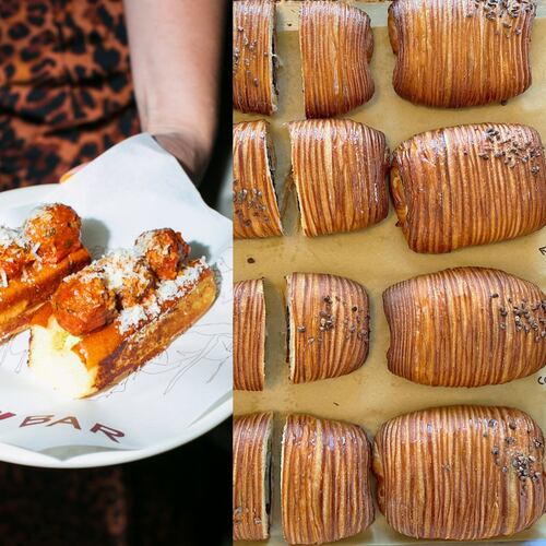 A triptych of restaurant photos, from left: a light woo bar holds a tiny vase with two flowers, an open bottle of wine and a glass of wine; a person wearing leopard print holds a plate with two miniature meatball subs; and an overhead shot of eight croissants, with each of the pastries on the left cut in half.