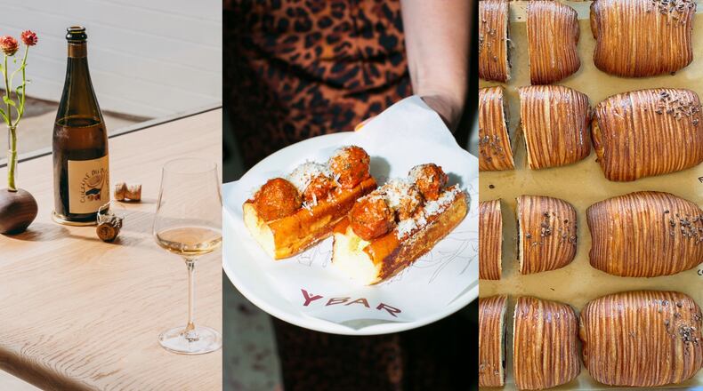 A triptych of restaurant photos, from left: a light woo bar holds a tiny vase with two flowers, an open bottle of wine and a glass of wine; a person wearing leopard print holds a plate with two miniature meatball subs; and an overhead shot of eight croissants, with each of the pastries on the left cut in half.