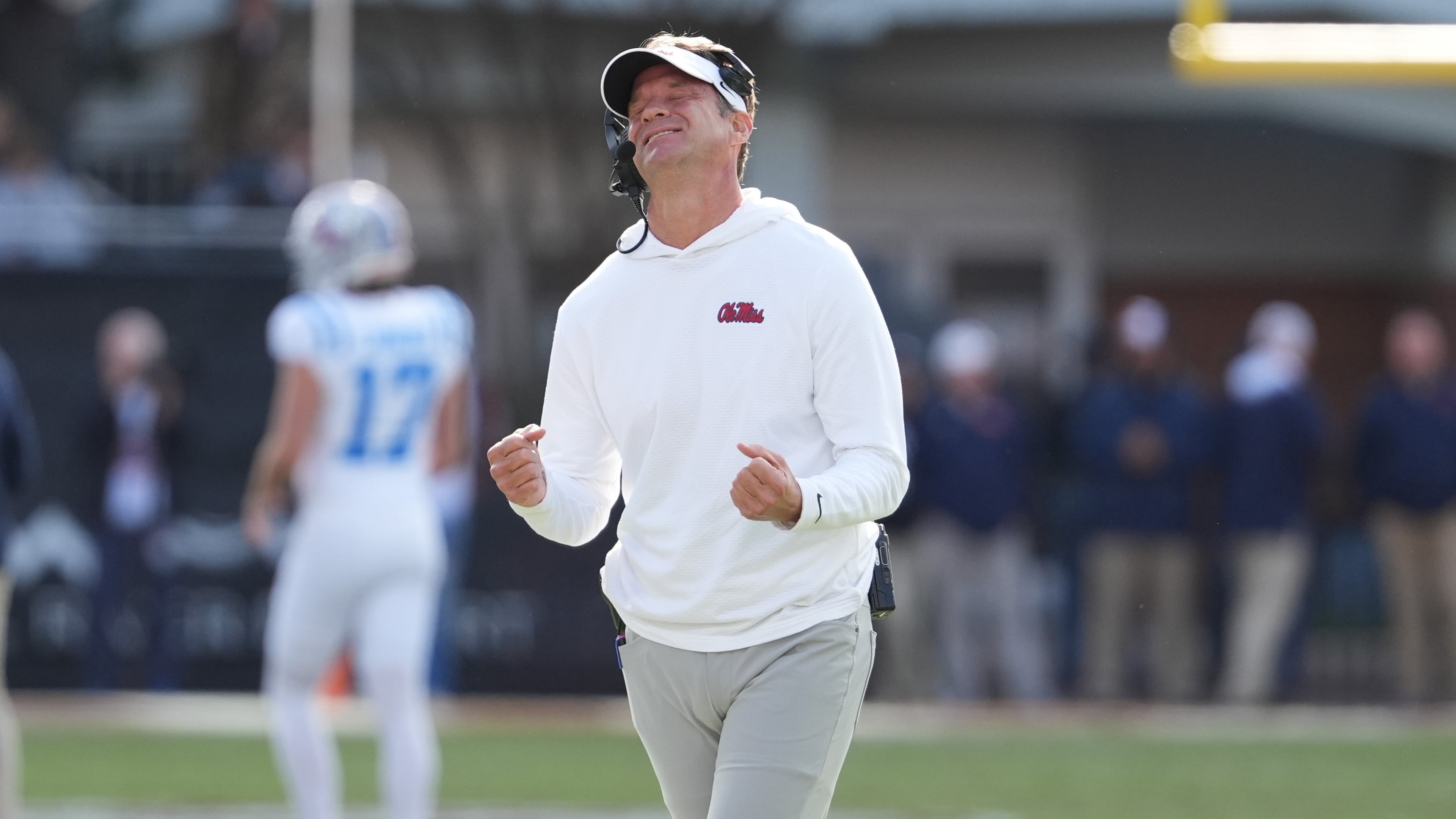 Mississippi head coach Lane Kiffin reacts to a official's call during the second half of an NCAA college football game against Mississippi State, Friday, Nov. 28, 2025, in Starkville, Miss. (AP Photo/Rogelio V. Solis)