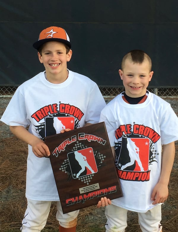 A childhood photo of Etowah's Matthew Sharman (left) and outfielder Trevor Condon (right) holding a trophy after winning a tournament for the 8u East Cobb Astros. (Courtesy of Matthew Sharman)