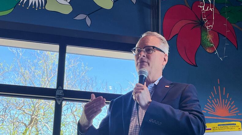 Adam Hamilton, a Methodist mega-church pastor from Kansas, talks to voters as he wraps up a U.S. Senate listening tour on Saturday, April 18, 2026, at Limitless Brewing in Lenexa, Kansas. (AP Photo/Heather Hollingsworth)