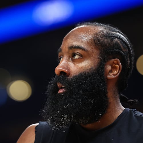 FILE - Cleveland Cavaliers guard James Harden warms up before an NBA basketball game against the Atlanta Hawks, April 10, 2026, in Atlanta. (AP Photo/Colin Hubbard, File)