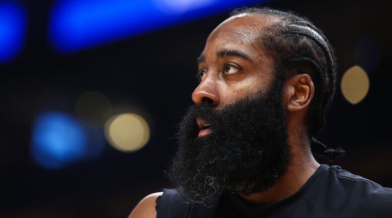 FILE - Cleveland Cavaliers guard James Harden warms up before an NBA basketball game against the Atlanta Hawks, April 10, 2026, in Atlanta. (AP Photo/Colin Hubbard, File)