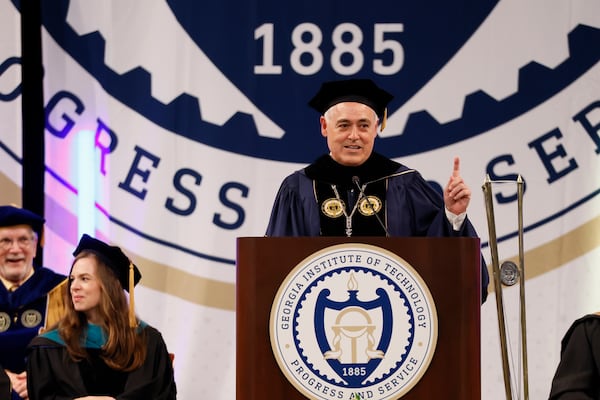  Georgia Tech President Angel Cabrera welcomes all attendees to the Spring 2026 Commencement ceremony at McCamish Pavilion on Thursday, May 7, 2026, in Atlanta. (Miguel Martinez/AJC)