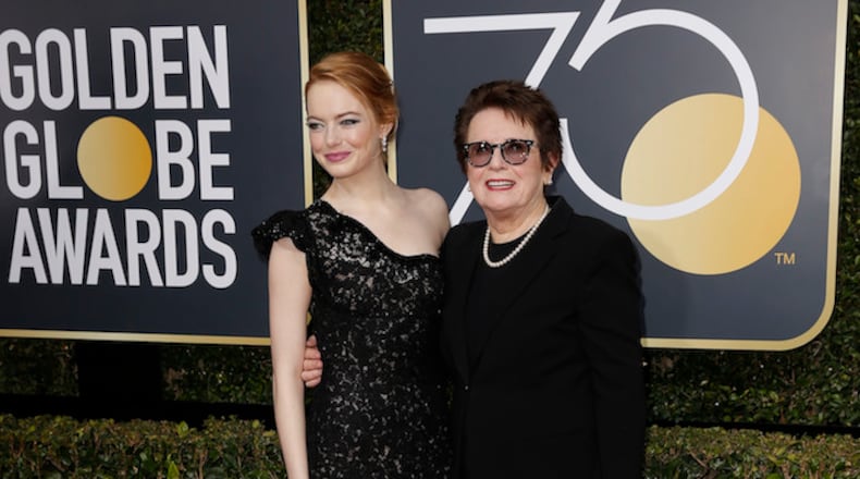 Emma Stone, left, and former tennis player Billie Jean King arrive at the 75th Annual Golden Globes at the Beverly Hilton Hotel in Beverly Hills, Calif., on January 7, 2018. (Jay L. Clendenin/Los Angeles Times/TNS)