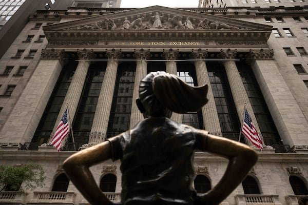 The "Fearless Girl" statue stands in front of the New York Stock Exchange, Wednesday, June 18, 2025, in New York. (AP Photo/Yuki Iwamura)
