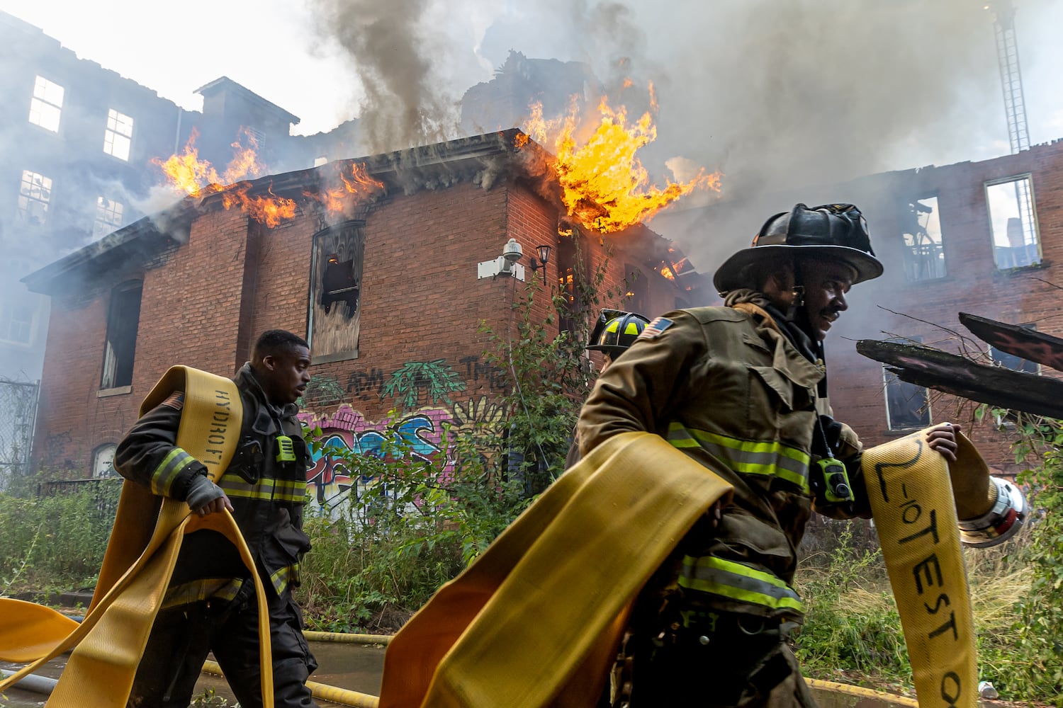 Atlanta firefighters went to it Thursday morning, June 13, 2024 battling a blaze at Morris Brown College for the second time in the past 16 months at the historic building formerly known as Gaines Hall. Crews arrived just before 8 a.m. just off Northside Drive at Martin Luther King Jr. Drive, according to Atlanta Fire Rescue. (John Spink/AJC)