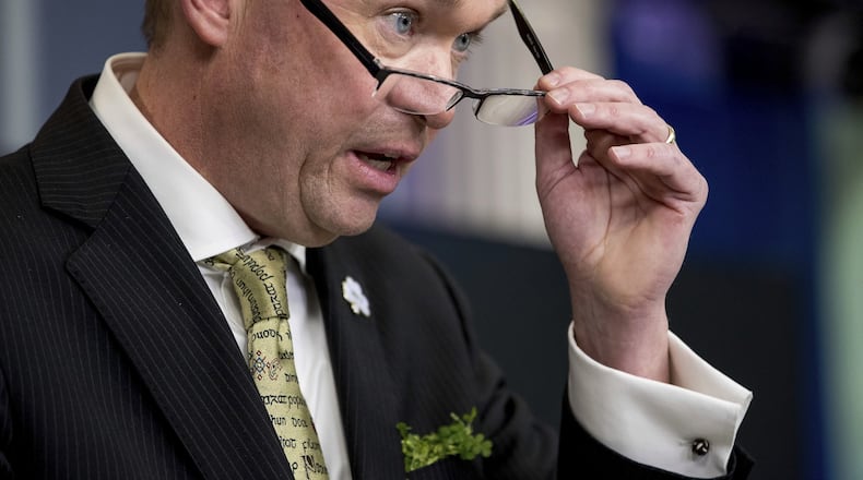 Budget Director Mick Mulvaney speaks about President Donald Trump’s budget proposal for the coming fiscal year during daily press briefing at the White House, in Washington, Thursday, March 16, 2017. (AP Photo/Andrew Harnik)