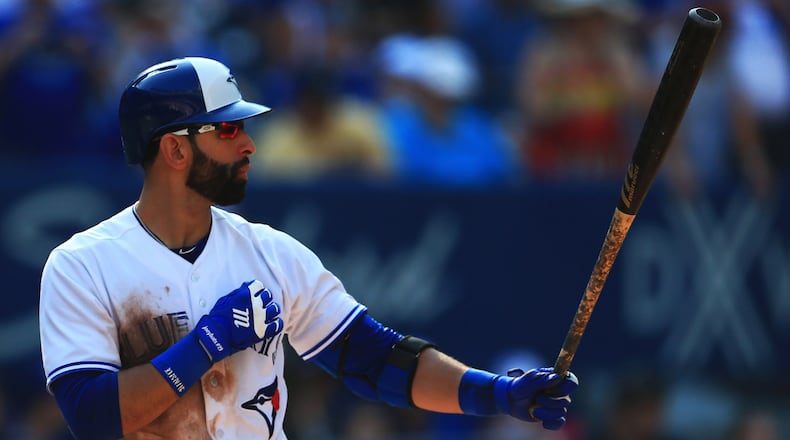 Jose Bautista bats for the last time with the Toronto Blue Jays n the eighth inning against the New York Yankees Sept. 24, 2017, at Rogers Centre in Toronto.