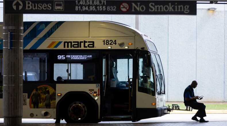 A bus driver waits at the West End MARTA station in Atlanta. The spending dispute between MARTA and the City of Atlanta has been a thorny issue for years. (Arvin Temkar/AJC 2025)