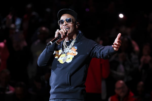Rapper T.I. performs during half time of the Atlanta Hawks/Orlando Magic game at State Farm Arena, Monday, March 16, 2026, in Atlanta. (Jason Getz/AJC)