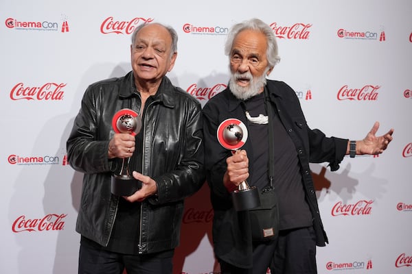 Cheech Marin, left, and Tommy Chong of Cheech & Chong pose with their career achievement in comedy award at the Big Screen Achievement Awards during CinemaCon 2024, Thursday, April 3, 2025, at Caesars Palace in Las Vegas. (AP Photo/Chris Pizzello)