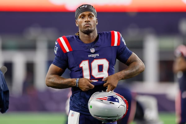 FILE - New England Patriots quarterback Joe Milton III (19) reacts after an NFL football game against the Philadelphia Eagles on Thursday, Aug. 15, 2024, in Foxborough, Mass. (AP Photo/Greg M. Cooper, File)
