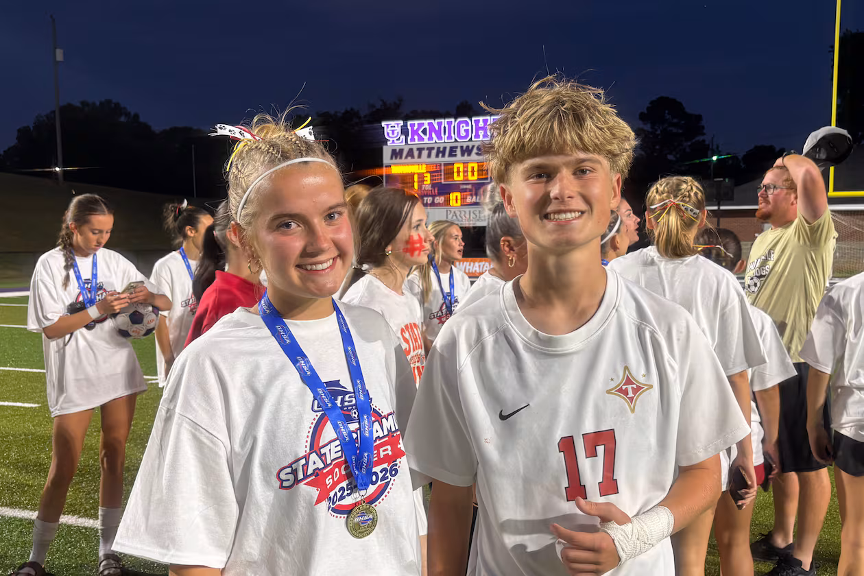 Finn and Maeva Henderon are sophomore twins on Thomasville's boys and girls soccer teams. The Henderson twins both won state championships on Thursday as Thomasville's teams both won Class A Division I titles within hours of each other at Matthews Field in Thomaston, Georgia. (Jack Leo/AJC)