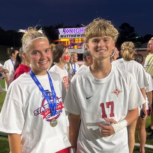 Finn and Maeva Henderon are sophomore twins on Thomasville's boys and girls soccer teams. The Henderson twins both won state championships on Thursday as Thomasville's teams both won Class A Division I titles within hours of each other at Matthews Field in Thomaston, Georgia. (Jack Leo/AJC)