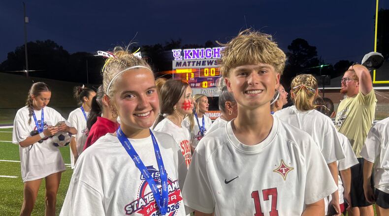 Finn and Maeva Henderon are sophomore twins on Thomasville's boys and girls soccer teams. The Henderson twins both won state championships on Thursday as Thomasville's teams both won Class A Division I titles within hours of each other at Matthews Field in Thomaston, Georgia. (Jack Leo/AJC)