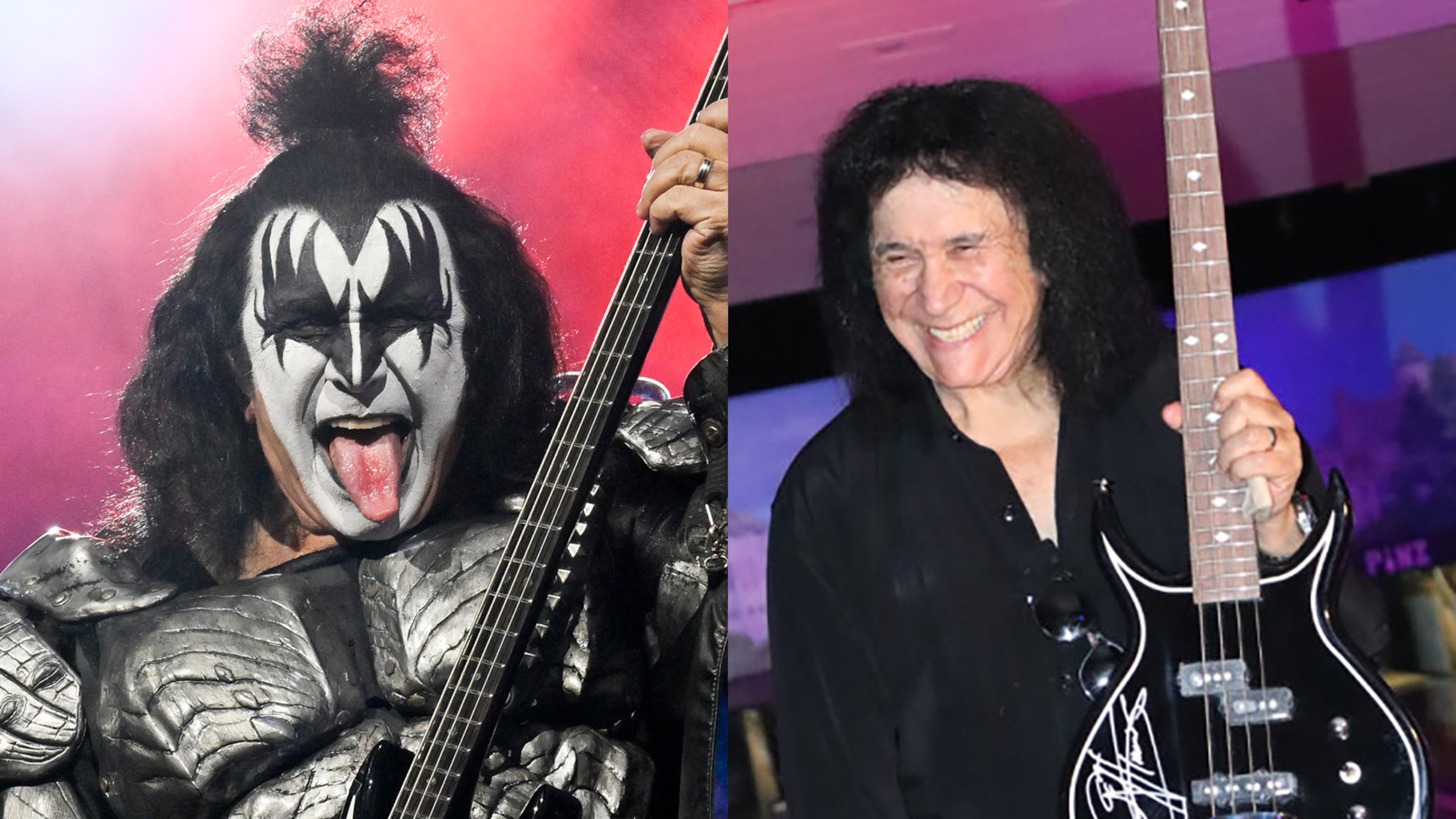Gene Simmons during his final KISS tour in 2023 and in 2024 sans makeup. (AP)
