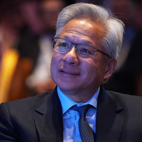 Nvidia CEO Jensen Huang listens as President Donald Trump speaks during the Saudi Investment Forum at the Kennedy Center, Wednesday, Nov. 19, 2025, in Washington. (AP Photo/Evan Vucci)