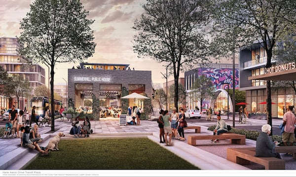 Planned commercial development along Hank Aaron Drive shows office space, retail and even a potential future streetcar or light rail line.