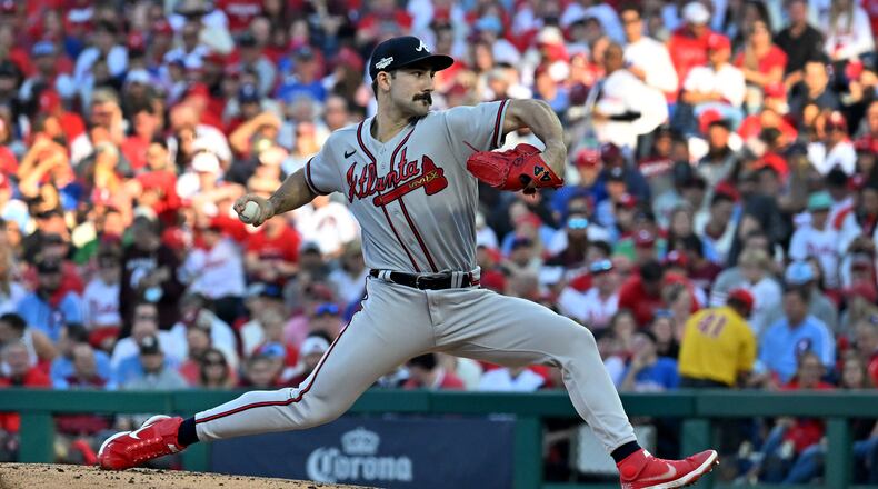 Braves starting pitcher Spencer Strider (65) delivers to the Philadelphia Phillies during the first inning of game three of the National League Division Series at Citizens Bank Park in Philadelphia on Friday, October 14, 2022. (Hyosub Shin / Hyosub.Shin@ajc.com)