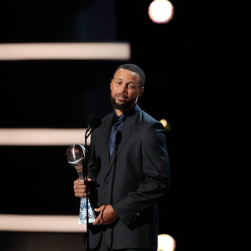 Basketball player Stephen Curry accepts the Muhammad Ali Sports Humanitarian Award at the ESPY Awards in the David H. Koch Theater at Lincoln Center Wednesday, July 15, 2026, in New York. (AP Photo/Frank Franklin II)