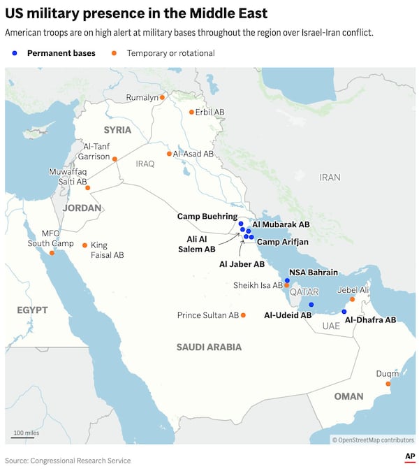 The map above shows the locations of U.S. military bases in the Middle East (AP Graphic)