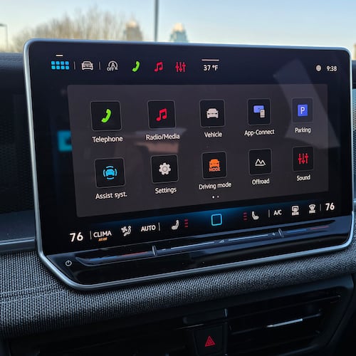 The 2026 Volkswagen Tiguan S compact SUV has a 12.9-inch touchscreen infotainment system that controls everything from temperature to driving mode to the radio. (Chris Hardesty/Cox Automotive)