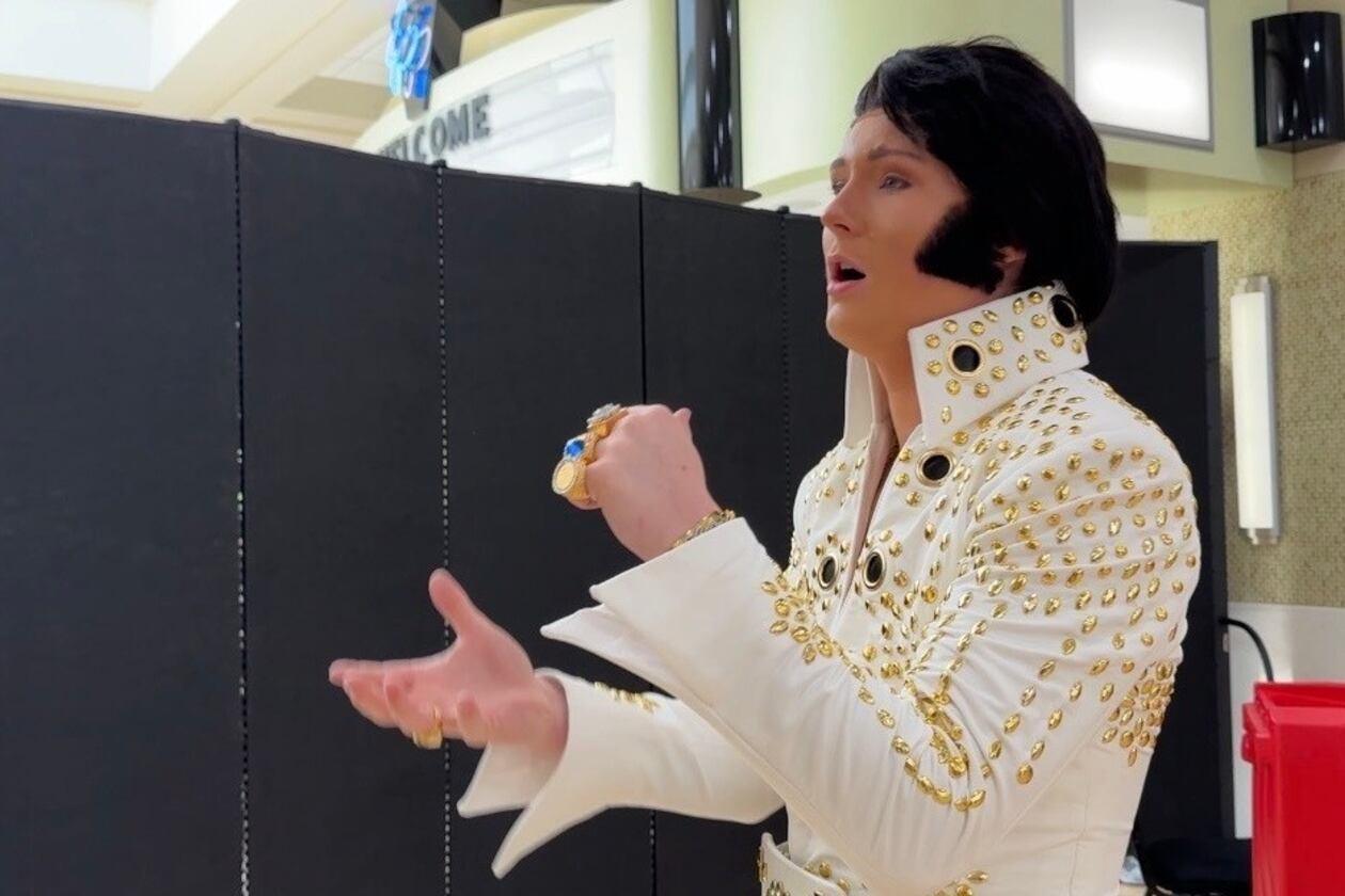 Tucker Gladden, 17, rehearses his rendition of "My Boy" by Elvis Presley before taking the stage at the Tupelo Elvis Festival's youth tribute artists competition on June 4, 2026, in Tupelo, Miss. (AP Photo/Sophie Bates)