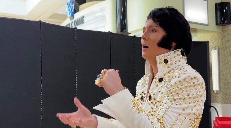 Tucker Gladden, 17, rehearses his rendition of "My Boy" by Elvis Presley before taking the stage at the Tupelo Elvis Festival's youth tribute artists competition on June 4, 2026, in Tupelo, Miss. (AP Photo/Sophie Bates)