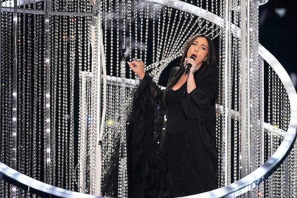 Yuval Raphael from Israel performs the song "New Day Will Rise" during the Grand Final of the 69th Eurovision Song Contest, in Basel, Switzerland, Saturday, May 17, 2025. (AP Photo/Martin Meissner)