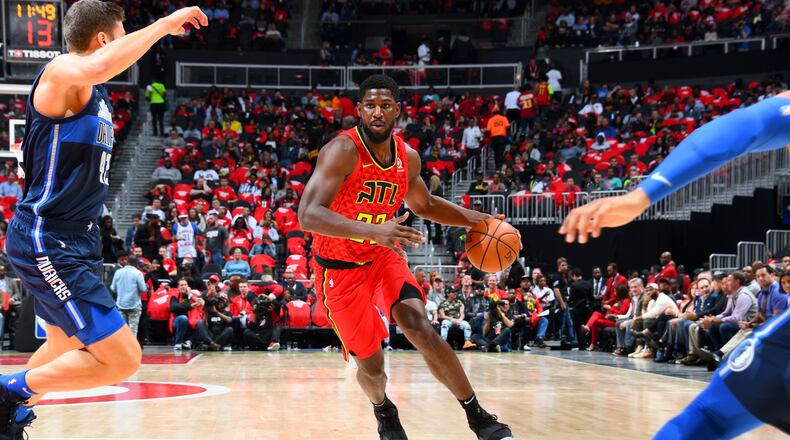 Alex Poythress  of the Atlanta Hawks handles the ball against the Dallas Mavericks on October 24, 2018 at State Farm Arena in Atlanta, Georgia.  (Photo by Scott Cunningham/NBAE via Getty Images)