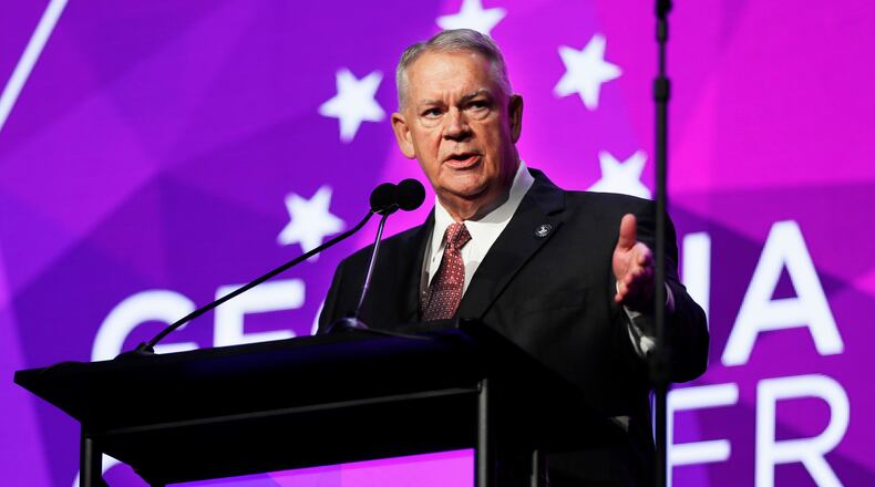 Speaker of the House David Ralston delivers his remarks at this year's Eggs & Issues breakfast, hosted by the. Georgia Chamber of Commerce, on Wednesday, Jan. 16, 2019. Bob Andres / bandres@ajc.com