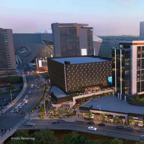 This rendering shows the 261-room hotel that Virgin Hotels will operate within the Centennial Yards entertainment district in downtown Atlanta. (Courtesy of Centennial Yards)