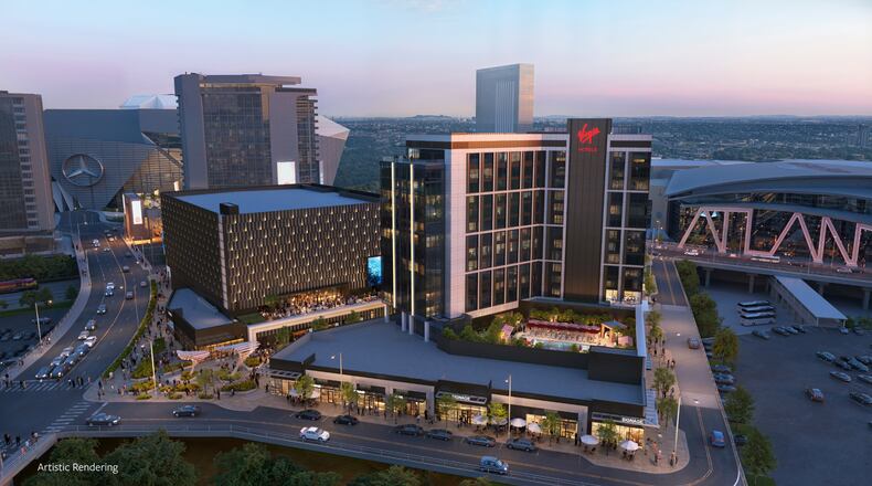 This rendering shows the 261-room hotel that Virgin Hotels will operate within the Centennial Yards entertainment district in downtown Atlanta. (Courtesy of Centennial Yards)