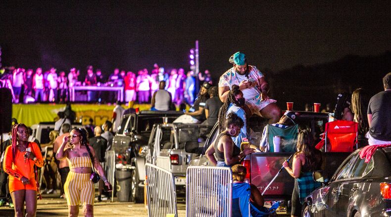 Rapper Rick Ross was the main attraction at the Parking Lot Concert at Murphy Park in Southwest Atlanta on Saturday, July 18, 2020. The outdoor show is set up for cars and patrons watch from their socially distant vehicles with and without masks. (Jenni Girtman for The Atlanta Journal-Constitution)