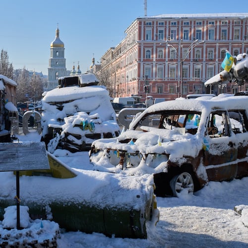 Snow covered, damaged Russian military vehicles are on display in downtown Kyiv, Ukraine, Friday, Jan. 16, 2026. (AP Photo/Efrem Lukatsky)