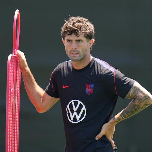 United States' Christian Pulisic attends a training session ahead of a FIFA World Cup match against Turkey in Irvine, Calif., Tuesday, June 23, 2026. (AP Photo/Andre Penner)