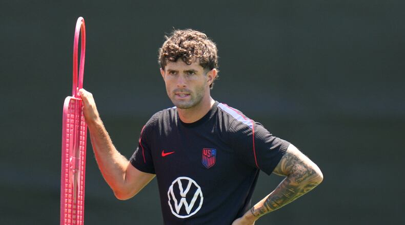 United States' Christian Pulisic attends a training session ahead of a FIFA World Cup match against Turkey in Irvine, Calif., Tuesday, June 23, 2026. (AP Photo/Andre Penner)