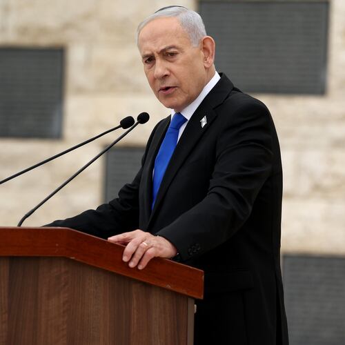 Israel's Prime Minister Benjamin Netanyahu attends a ceremony commemorating Israel's Remembrance Day for fallen soldiers, or Yom HaZikaron, at the Military Cemetery on Mount Herzl in Jerusalem, Tuesday April 21, 2026. (Ilia Yefimovich/Pool Photo via AP)