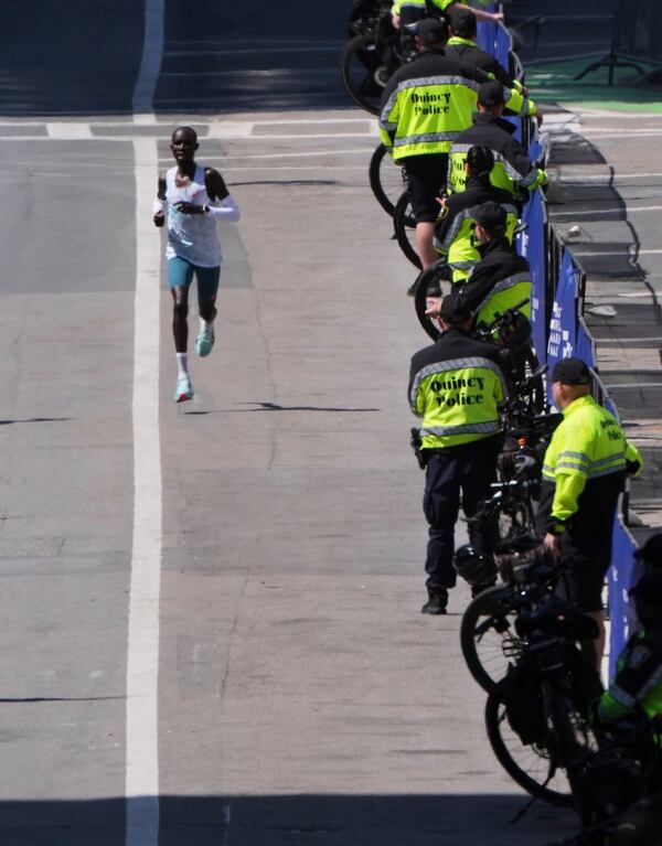 Boston Marathon winner John Korir, of Kenya, approaches the finish line to win the race, Monday, April 21, 2025, in Boston. (AP Photo/Charles Krupa)
