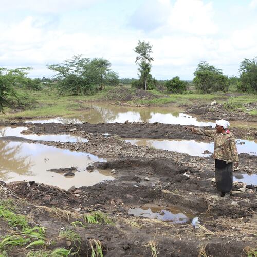 FILE - Martha Waema, stands on her farm after it was submerged by weeks of rainfall in Machakos, Kenya, May 8, 2024. (AP Photo/Andrew Kasuku, File)