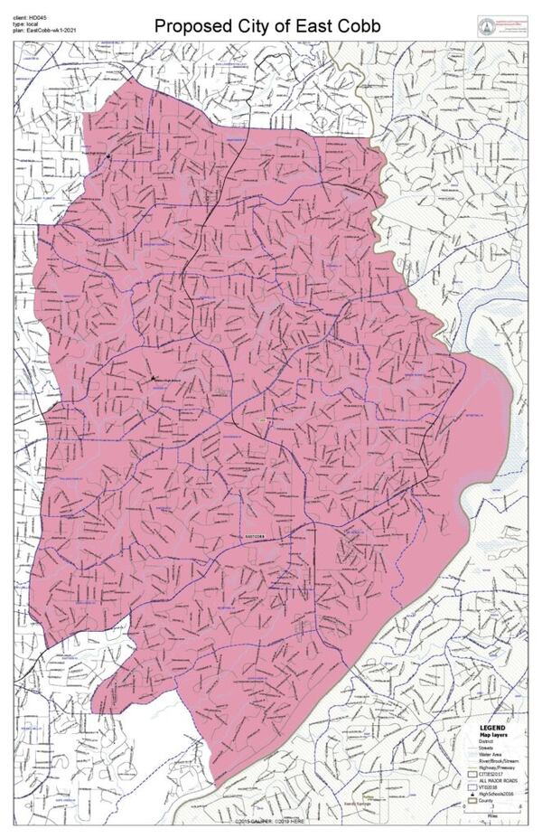 the proposed city of East Cobb outlined in red, centering around the Johnson Ferry Road corridor. 