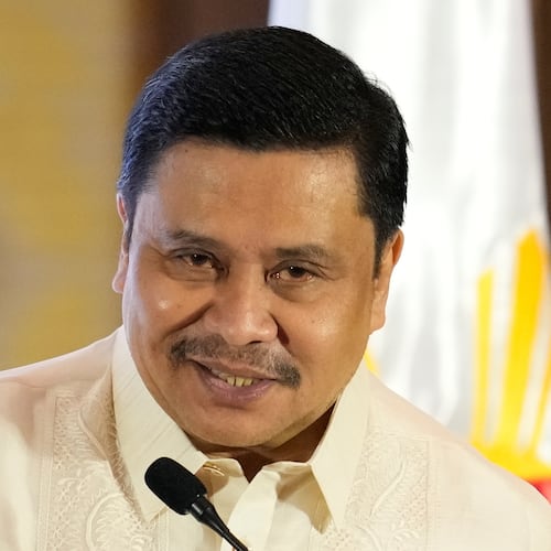 FILE - Senator Jinggoy Estrada speaks on behalf of his father and former Vice President Joseph Estrada during the 90th anniversary of the Office of the Vice President Nov. 14, 2025, at a hotel in Makati, Philippines. (AP Photo/Aaron Favila, File)