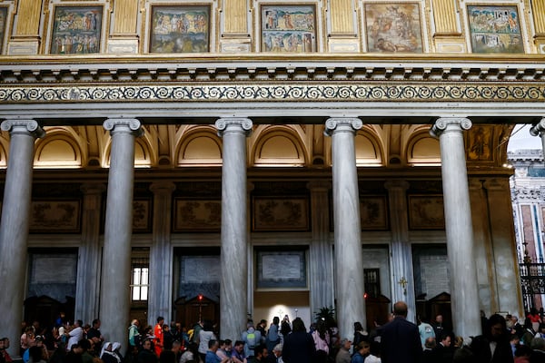 Faithful visit the tomb of Pope Francis in St. Mary Major Basilica in Rome, Sunday, April 27, 2025. (Cecilia Fabiano/LaPresse via AP)
