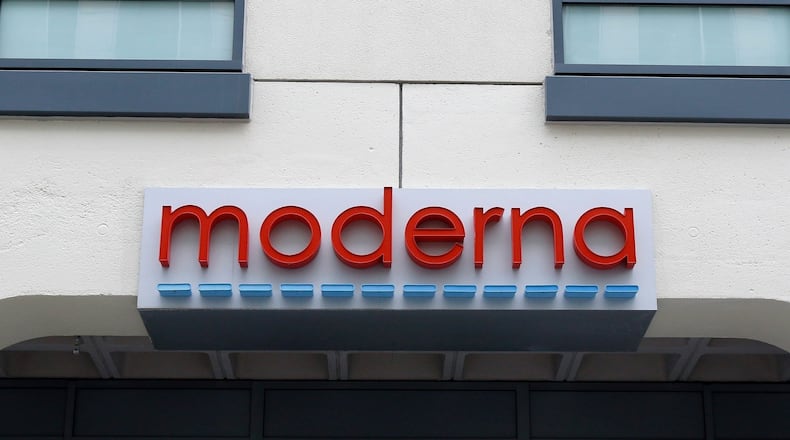 FILE - A sign marks an entrance to a Moderna building in Cambridge, Mass., May 18, 2020. (AP Photo/Bill Sikes, File)prnto