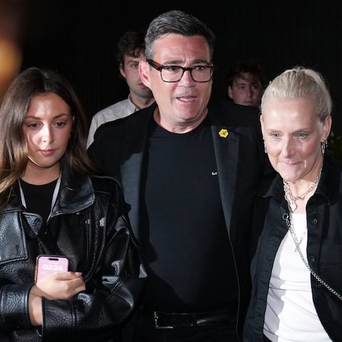 Britain's Labour party's Andy Burnham leaves with his wife Marie-France Van Heel and their daughter Rosie after winning the Makerfield by-election, paving the way for a leadership challenge against Prime Minister Sir Keir Starmer. in Wigan, England, Friday, June 19, 2026.(AP Photo/Jon Super)