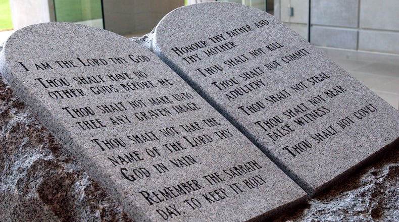 The Ten Commandments monument is pictured in the State Judicial Building in Montgomery, Alabama. Alabama Chief Justice Roy Moore announced his decision in 2003 to defy a federal court order to remove the monument from public display in the building.