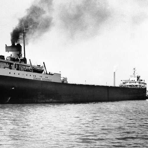 FILE - The Fitzgerald in a 1959 file photo, with a crew of 28 to 30 men, was carrying a load of 26,216 tons of taconite pellets. (AP Photo, file)