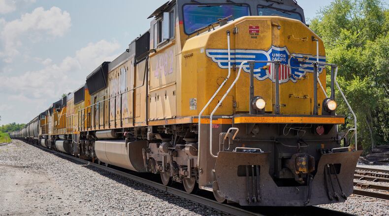 FILE - A Union Pacific train travels through Union, Neb., July 31, 2018. (AP Photo/Nati Harnik, File)